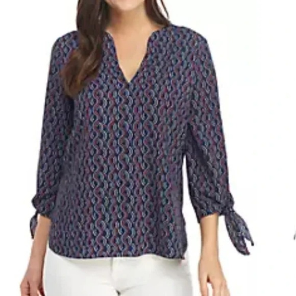 Michael Michael Kors Womens V-neck Collar Long Sleeve Pattern Blouse Blue Size L